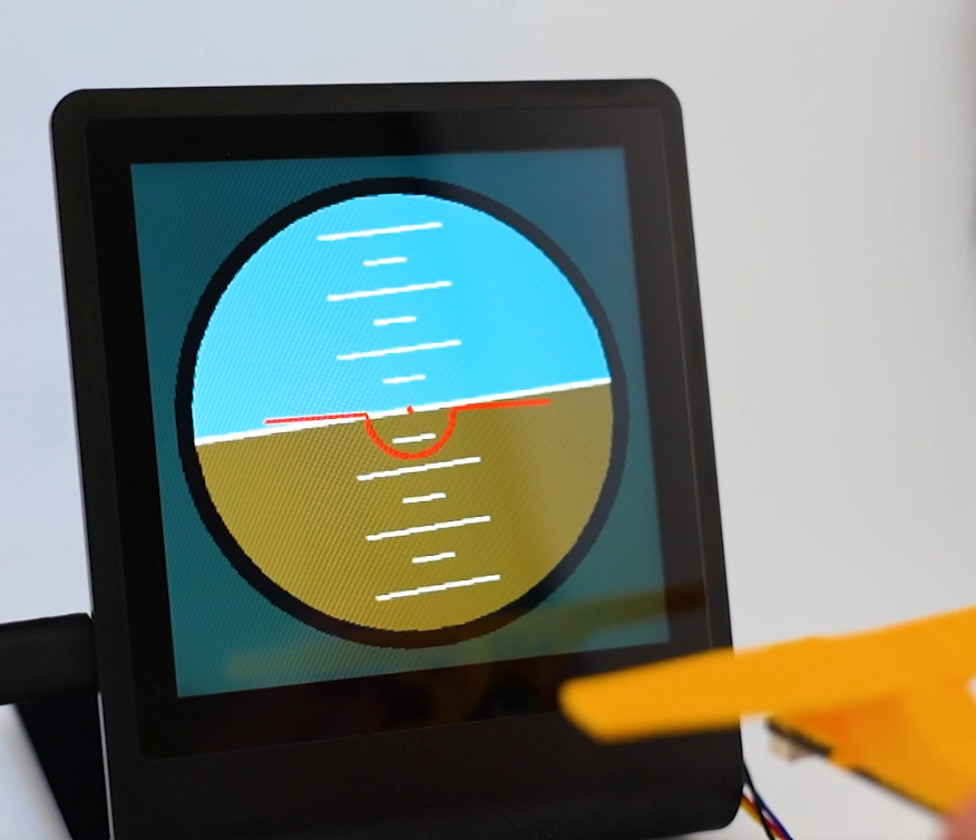 Flight Radar ESP32 display showing an artificial horizon
